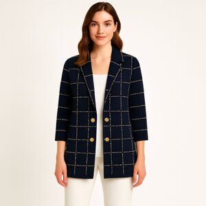 Ming Wang Heritage Fit Blue Dashed Windowpane Open Knit Jacket SM Gold‎ Buttons